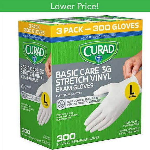 Curad Basic Care 3G Vinyl Exam Gloves, Large, 300 ct (CUR8236)