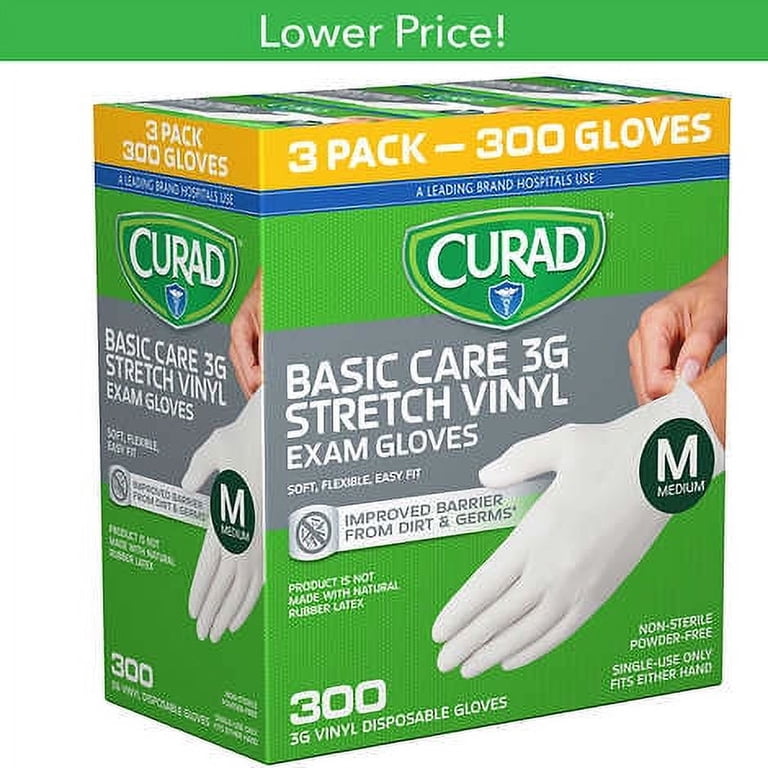 Curad Disposable Basic Care 3G Vinyl Exam Gloves, Medium, 300 ct