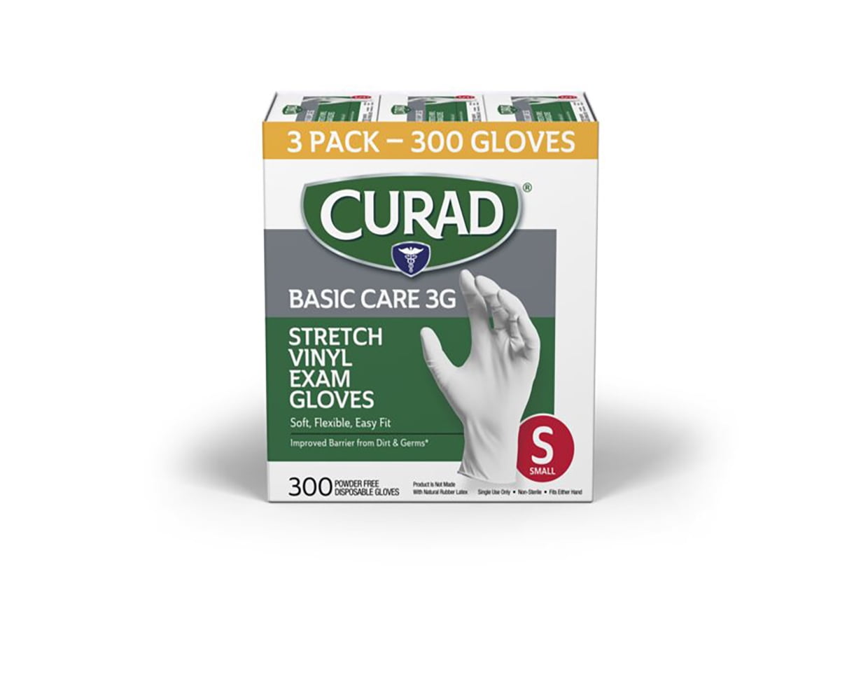 Curad Basic Care 3G Vinyl Exam Gloves, Small, 300 CT