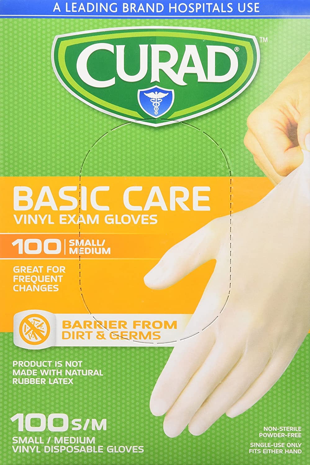 Curad Basic Care Vinyl Exam Gloves, Small/ Medium, 100 Count