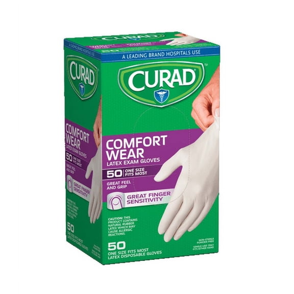 CURAD Comfort Wear Latex Exam Gloves, Powder-Free, One Size Fits Most, 50 count (Pack of 24)