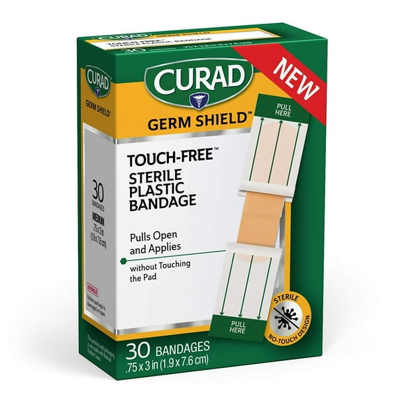 Curad Germ Shield Touch-Free Adhesive Bandage, Plastic Bandage with Easy