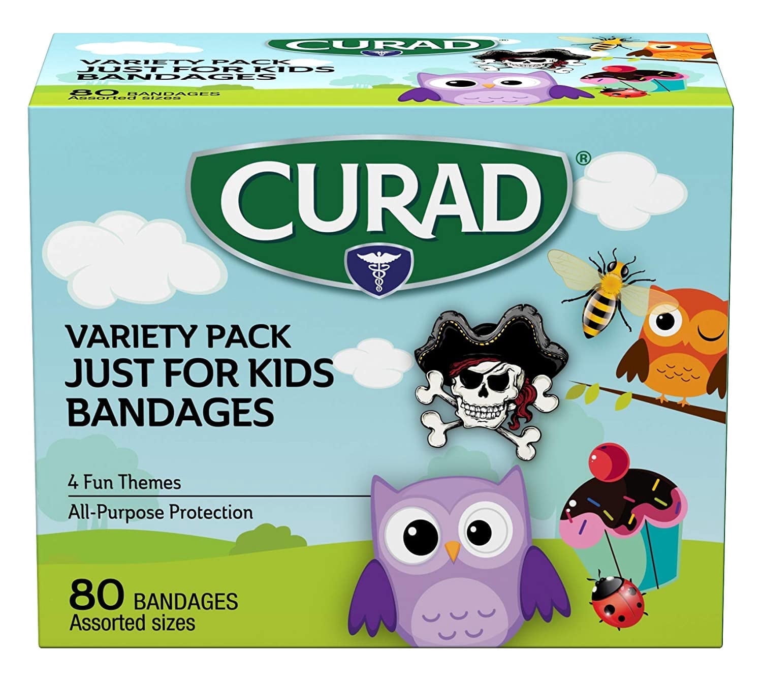 Curad Just for Kids Bandages, 4 Fun Themes, Colorful, All-Purpose Protection Plastic Bandages, 4-Sided Seal, Variety of Sizes, 80 Count