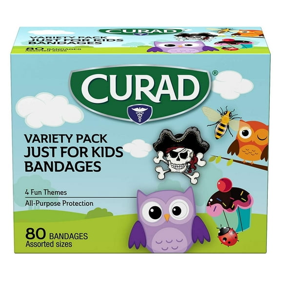 Curad Just for Kids Bandages, 4 Fun Themes, Colorful, All-Purpose Protection Plastic Bandages, 4-Sided Seal, Variety of Sizes, 80 Count