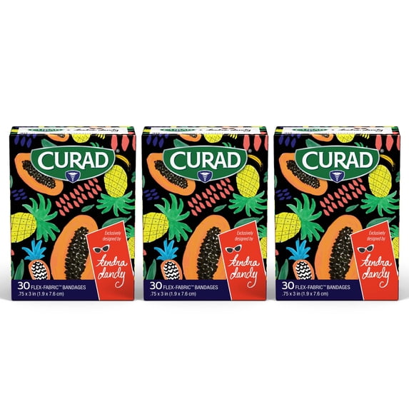 Curad Kendra Dandy Designer Bandages, 2 Colorful Patterns, Pineapples and Papayas, Flex-Fabric, .75" x 3", 30 Count (3 Pack)