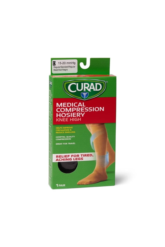 Knee-High Compression Hosiery with 15-20 mmHg, Relief for Tired and Aching Legs, Black, Size D, Regular Length, 1 Pair