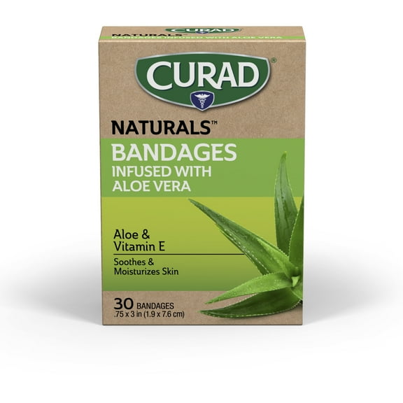 Curad Naturals Aloe Vera & Vitamin E Fabric Bandages 3"x.75", For Scrapes & Cuts, Absorbent & Self-Adhesive, 30 Count,