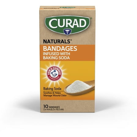 Curad Naturals Arm & Hammer Baking Soda Bandages 2" x 4", For Scrapes & Cuts, Absorbent & Self-Adhesive, 10 Count