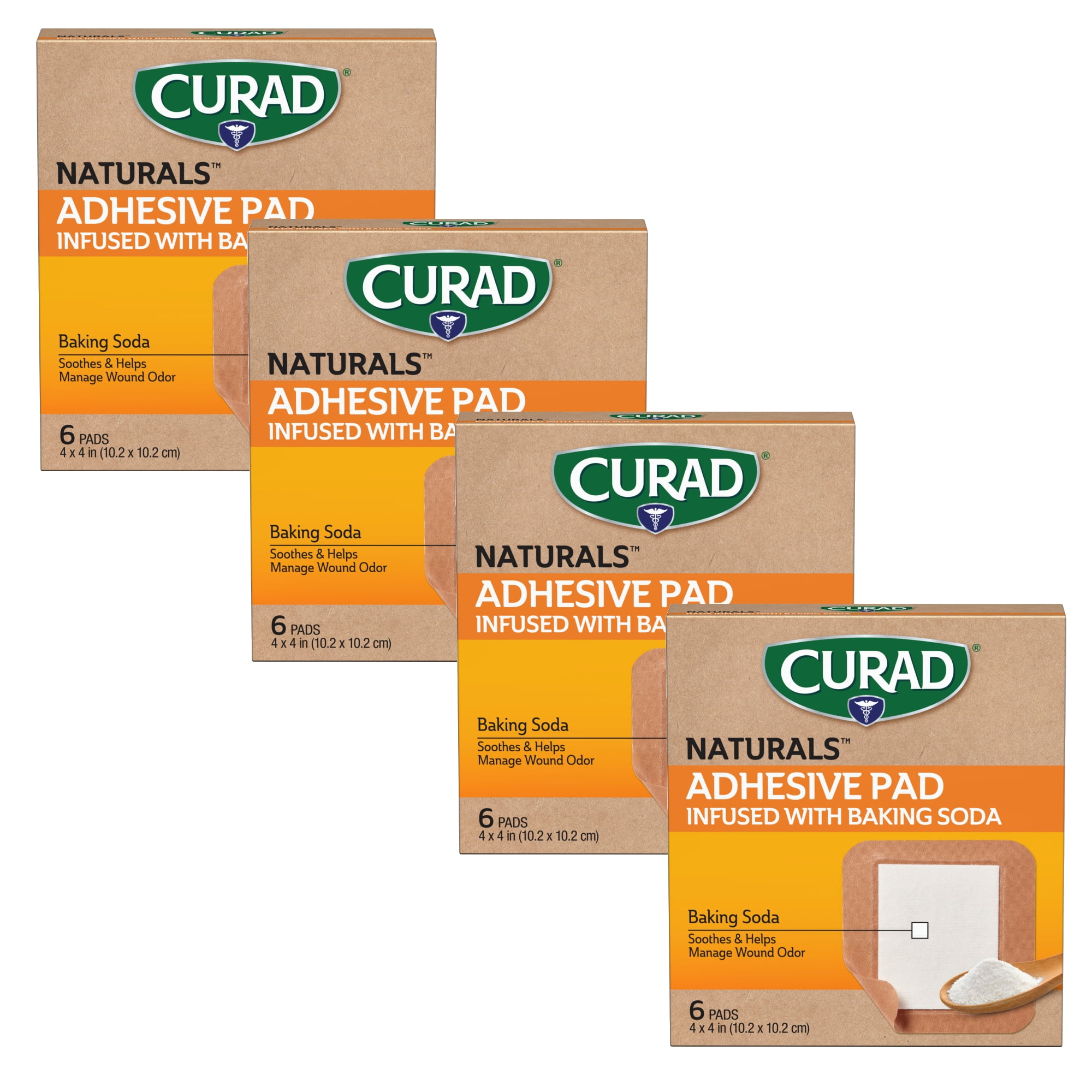 Curad Naturals Baking Soda Bandages 4" x 4", 24 Count, For Scrapes & Cuts, Absorbent & Self-Adhesive, 6 Per Box