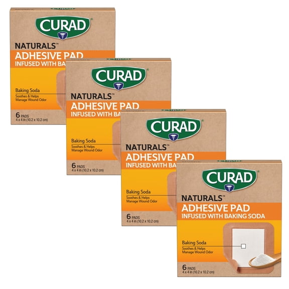 CURAD® Naturals Adhesive Pads with Baking Soda, 4 x 4 in, For Cuts and Scrapes, 24 Count