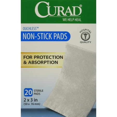 Curad Non-Stick Pads, 2 Inches X 3 Inches with Adhesive Tabs, 20 count,(Pack of 3)