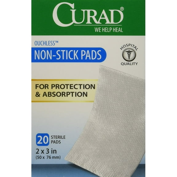 Curad Non-Stick Pads, 2 Inches X 3 Inches with Adhesive Tabs, 20 count,(Pack of 3)