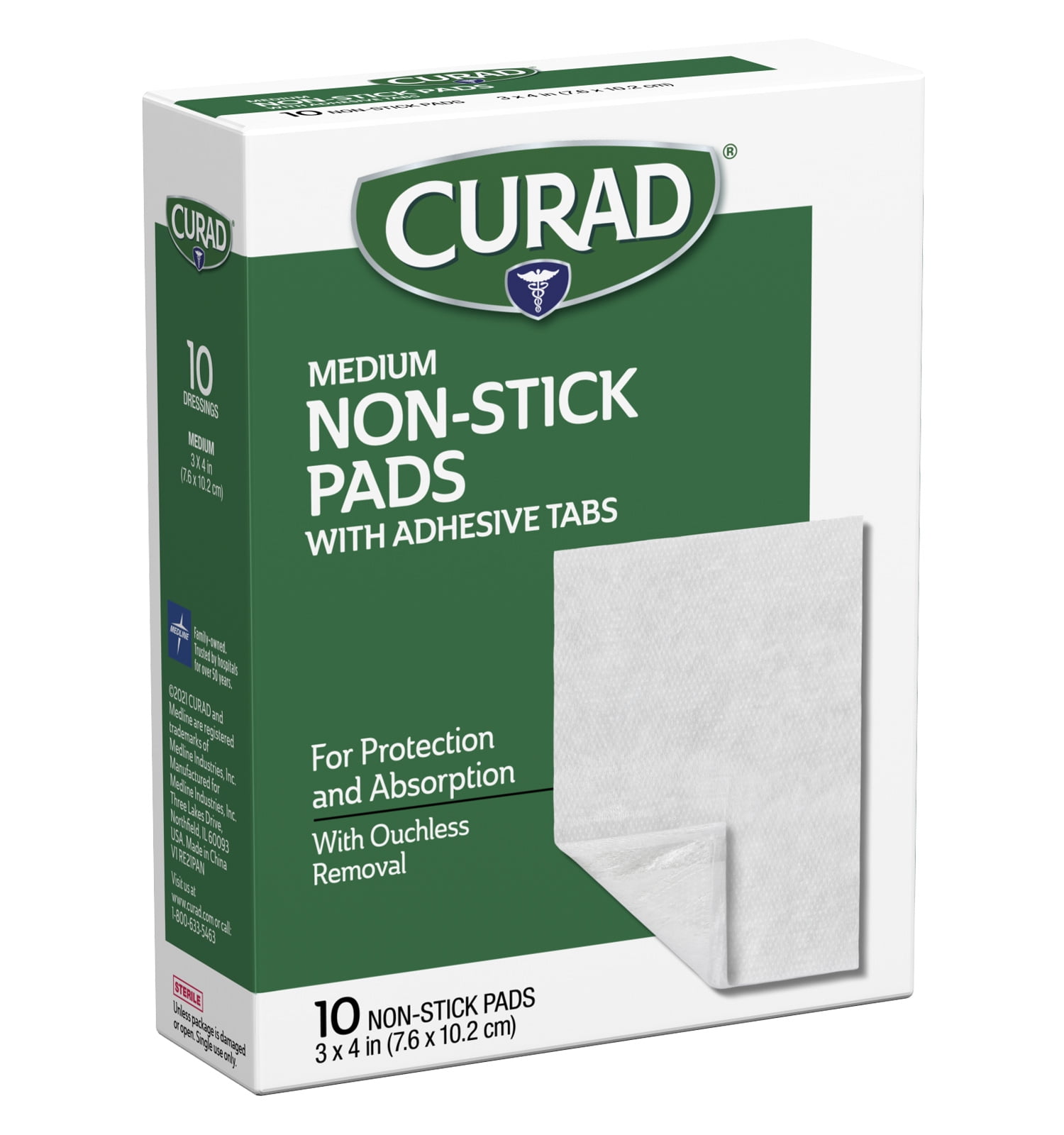 Curad NonStick Pads with Adhesive Tabs, with Ouchless Removal, 3″ x 4