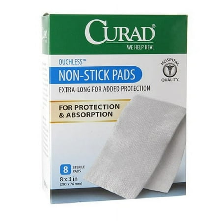 Curad Ouchless Extra Long For Added Protection Non Stick Pads, 8 X 3 Inches - 8 Ea, 3 Pack