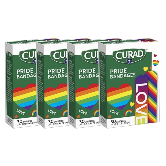 Curad PRIDE Plastic Bandages, 2 Designs, .75" x 3", 30 Per Box ( 4 Pack)