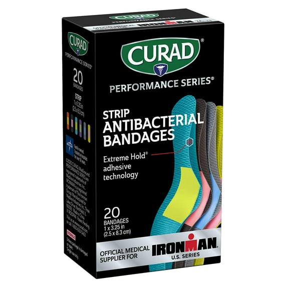 Curad Performance Series Ironman Antibacterial Bandages, Extreme Hold Adhesive Technology, 1 x 3.25 inch Fabric Bandages, 20 ct (Pack of 4)