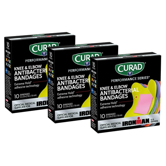 Curad Performance Series Ironman Knee and Elbow Antibacterial Bandages, Extreme Hold Adhesive Technology, Fabric Bandages, 10 Count (Pack of 3)