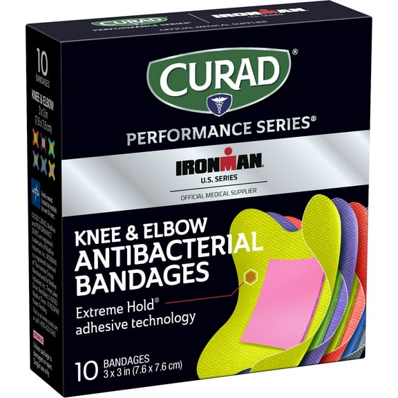 Curad Performance Series Ironman Knee and Elbow Antibacterial Bandages, Extreme Hold Adhesive Technology, Fabric Bandages, 10 ct (Pack of 3)