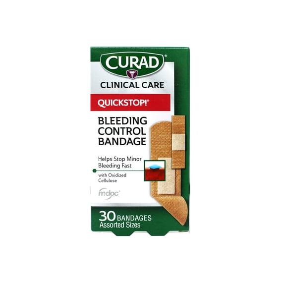 Curad Quickstop Instant Clotting Technology Flex-Fabric Bandages, Assorted, 30 Count
