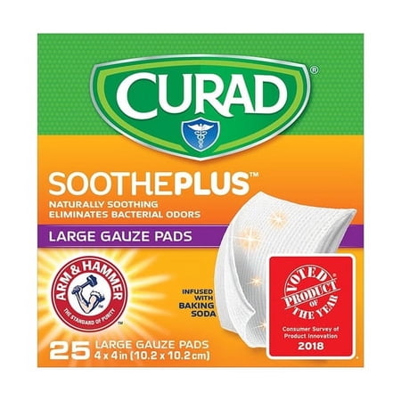Curad SoothePlus Large Gauze Pads Eliminate Bacteria Odors, 25ct, 6-Pack