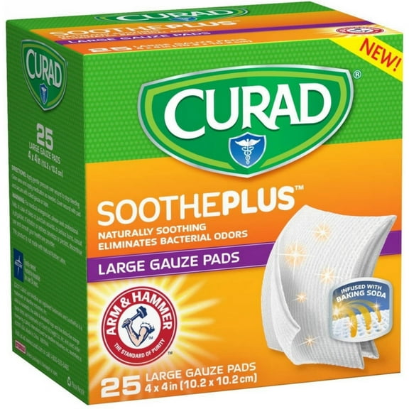 Curad SoothePlus Large Gauze Pads Eliminate Odor Bacteria, 25ct, 4-Pack