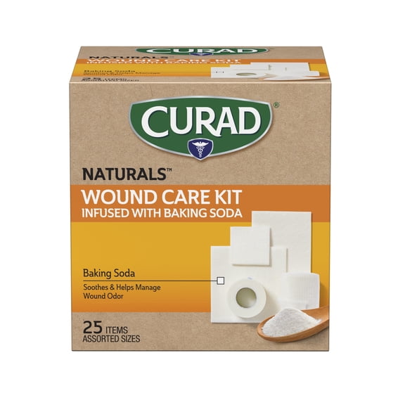 CURAD Naturals Wound Care Kit with Baking Soda, Assorted Gauze and Tape, 25 Count