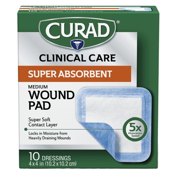 CURAD Super Absorbent Wound Pad, Medium, 4 in x 4 in, 10 Count