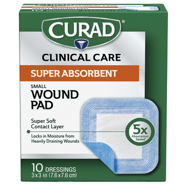 Curad Super Absorbent Wound Pad, Small, 3"x 3", 10 Count