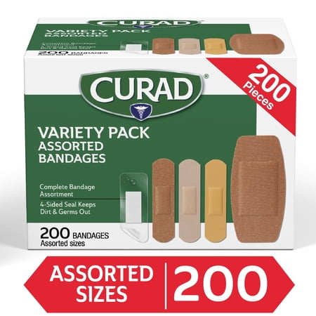 Curad 4-Sided Seal Adhesive Bandages, Variety Pack, Assorted Fabric & Plastic, 200 Count
