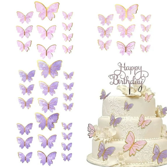Curated Selection Shiogb 40Pcs Butterfly Cake Toppers Cupcake Butterflies Toppers Cake Decoration for Birthday Wedding, Beautifully Decorated Cake with Purple and Pink Paper Butterfly Inserts