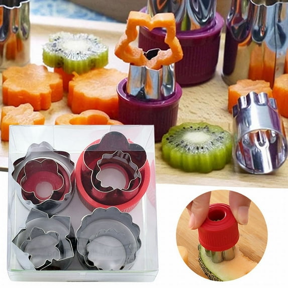 Curated Selection Shiogb 8Pc Stainless Flower Shaped Printing Vegetable and Fruit Cutting and Embossing, Stainless Steel Cookie Cutter Flower-Shaped 8-Piece Set (4 Large and 4 Small) in Red