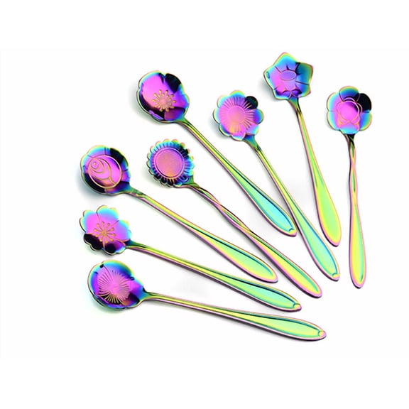 Curated Selection Shiogb Flower Spoon Set 8Pcs Stainless Teaspoon Rainbow Color for Coffee Tea Mixing Sugar Ice Stir Bar Spoons 8 Diffient Pattern Colorful Cutlery Set Kitchen Tool Gif, Spoon