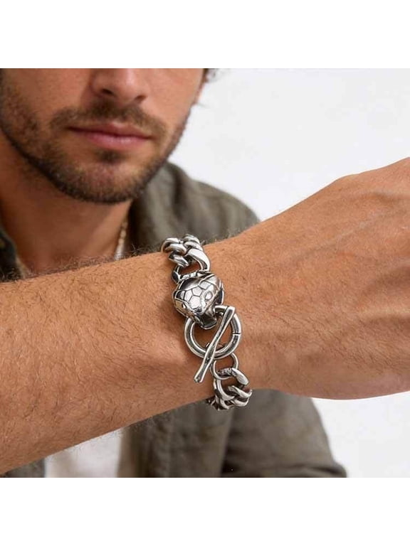 Curb Chain Bracelet With Snake Head Toggle Clasp For Men Women 14K White Gold Filled Vintage Animal Theme Craft Jewelry