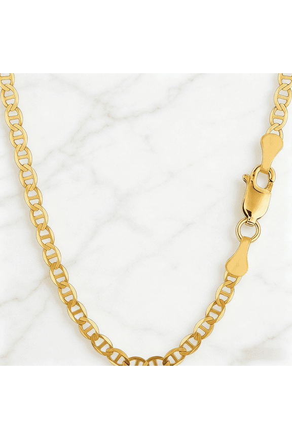 Curb Chain Solid Necklaces, 10k Real Solid Yellow Gold 4mm Mariner Link Chain Necklace, Lobster Claw- 18"