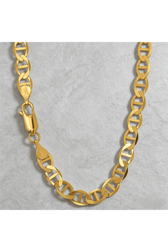 Curb Chain Solid Necklaces, 10k Real Solid Yellow Gold 9mm Mariner Link Chain Necklace, Lobster Claw- 28"