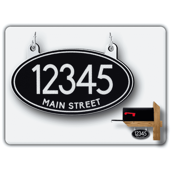 Curb-N-Sign 11 inch Black Reflective Oval Hanging Mailbox Address Sign