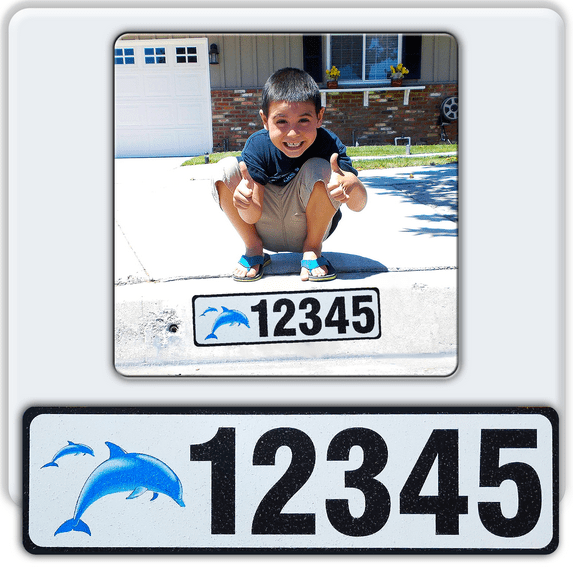 Curb-N-Sign®Curb Wrap® Address Sticker Decal, Customized Reflective Aluminum Curb Address Number for Front Doors, Windows, Curbs, or Walls with Animal Inserts, Letters (Large, Dolphins)