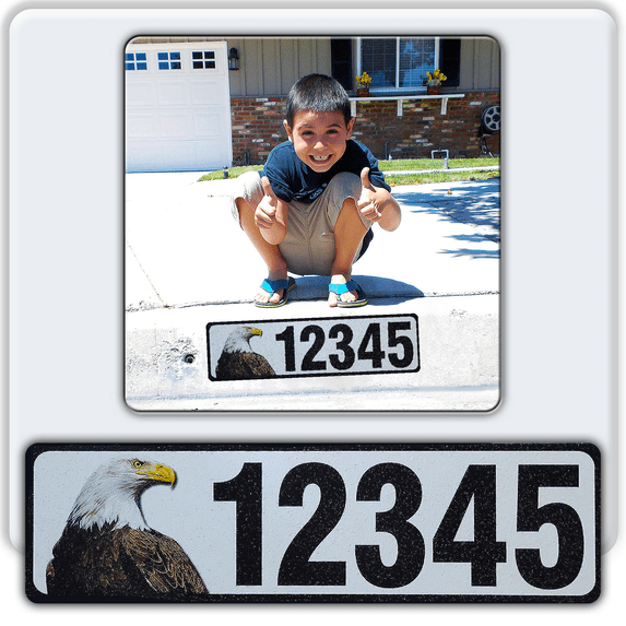 Curb-N-Sign®Curb Wrap® Address Sticker Decal, Customized Reflective Aluminum Curb Address Number for Front Doors, Windows, Curbs, or Walls with Animal Inserts, Letters (Medium, Blad Eagle)