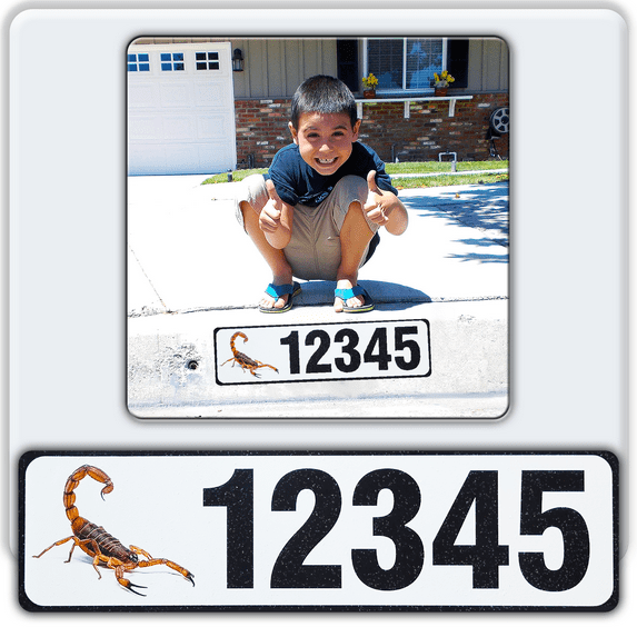 Curb-N-Sign®Curb Wrap® Address Sticker Decal, Customized Reflective Aluminum Curb Address Number for Front Doors, Windows, Curbs, or Walls with Animal Inserts, Letters (Large, Scorpion)