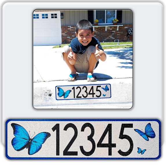 Curb-N-Sign®Curb Wrap® Address Sticker Decal, Customized Reflective Aluminum Curb Address Number for Front Doors, Windows, Curbs, or Walls with Animal Inserts, Letters (Medium, Butterflies)