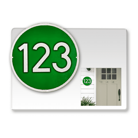 Curb-N-Sign® Custom Address Numbers for Outside, Single Sided Silk Screened Aluminum House Number Sign, Highly Reflective Circular 8 inch, 12 Month Warranty (Green)
