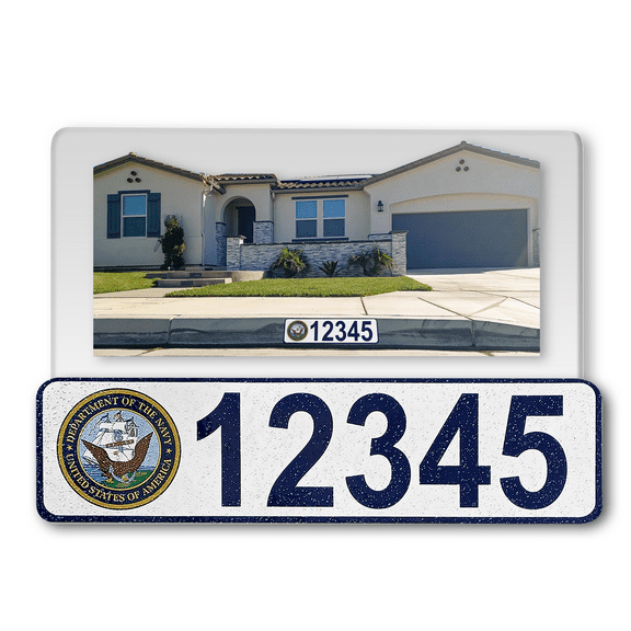 Curb-N-Sign® Customized Reflective Aluminum Curb Address Sticker Decal, Military Curb Wrap® Address Number, Letters (Small, NAVY)
