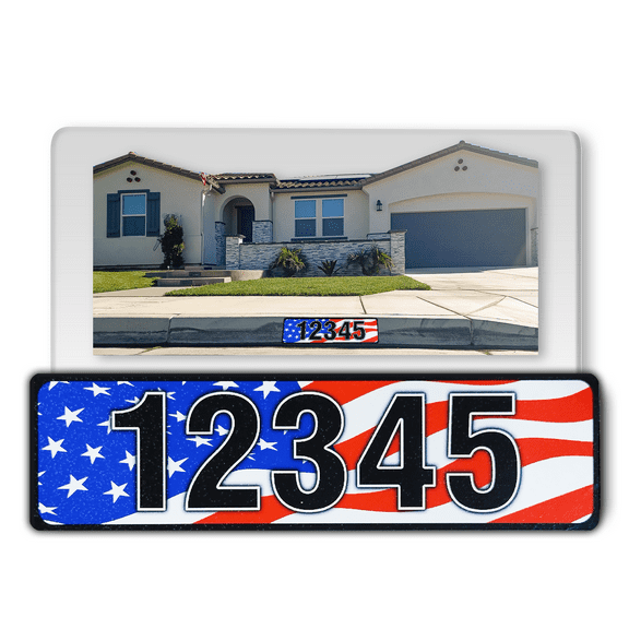 Curb-N-Sign® Customized Super Reflective Aluminium Curb Wrap® House Number Decals for Outdoor, Indoor House Numbers Letters Sticker Decals with Country Flag United States