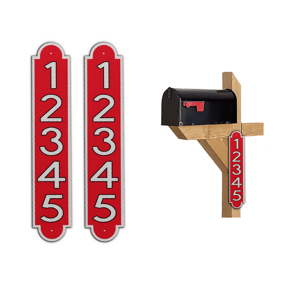 Curb-N-Sign® Fancy Super Reflective Mailbox Address Numbers Plaque, Customized Address Number Letter, Aluminum Plaque Pre-Drilled Holes,12-Month Warranty (3”x12”, Red)