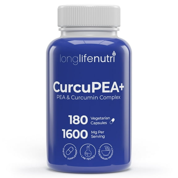 LongLifeNutri CurcuPEA+ (PEA + Turmeric Complex 600mg/1000mg) - 180 Vegetarian Capsules, Natural Antioxidant