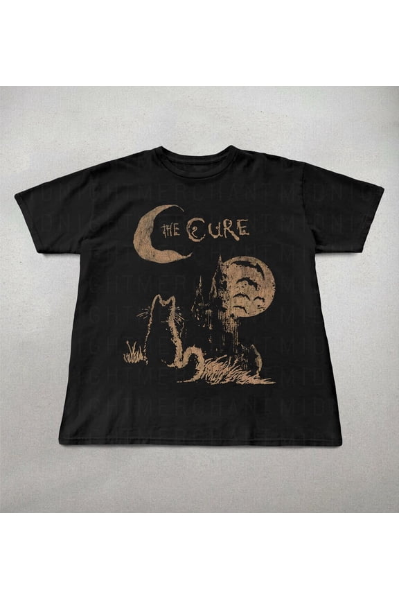 The Cure Cat Tee, 90s Alt Indie Rock, Unisex shirt, Music Gifts, Cat Lover gifts, the cure fan gifts, band tee, the cure graphic tee,Black Color,Size L