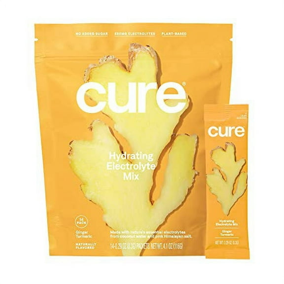 Cure Hydrating Electrolyte Mix | Electrolyte Powder for Dehydration Relief | Made with Coconut Water | No Added Sugar | Vegan | Paleo Friendly | Pouch of 14 Hydration Packets - Ginger Turmeric Flavor