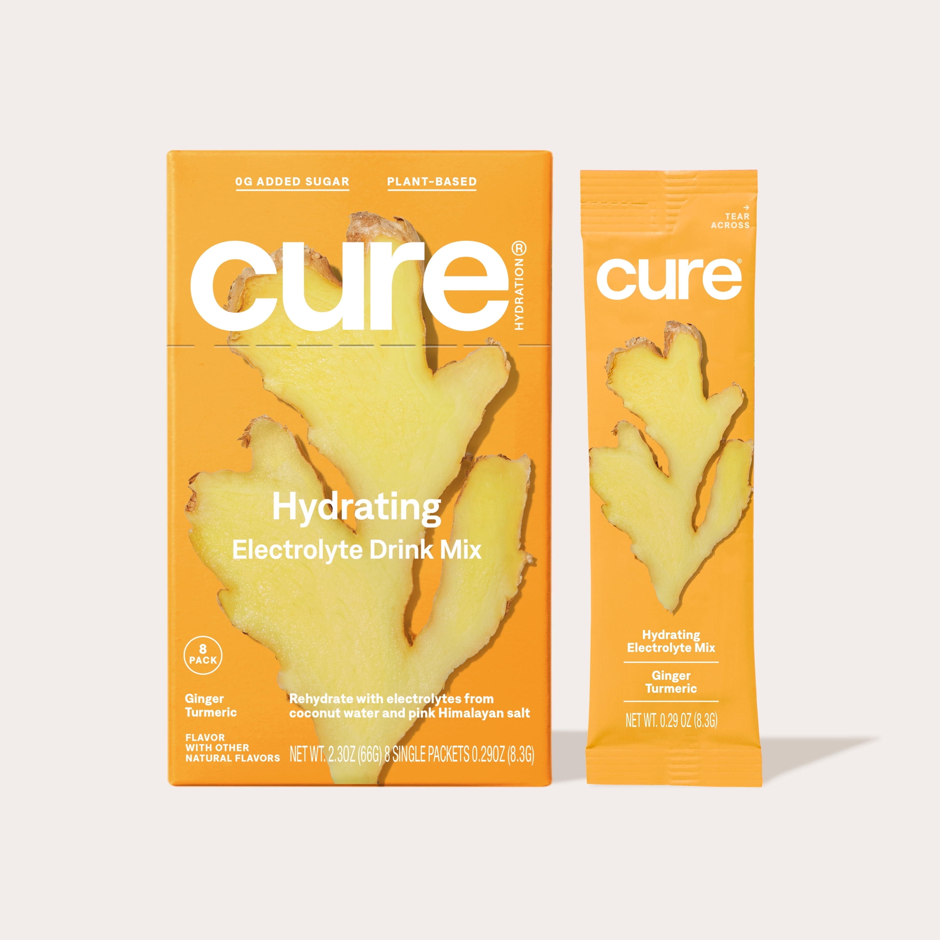 Cure Hydration Plant Based Electrolyte Mix | Powder for Dehydration Relief | Made with Coconut Water | Non-GMO | No Added Sugar | FSA & HSA | Vegan | Box of 8 Packets - Ginger Turmeric