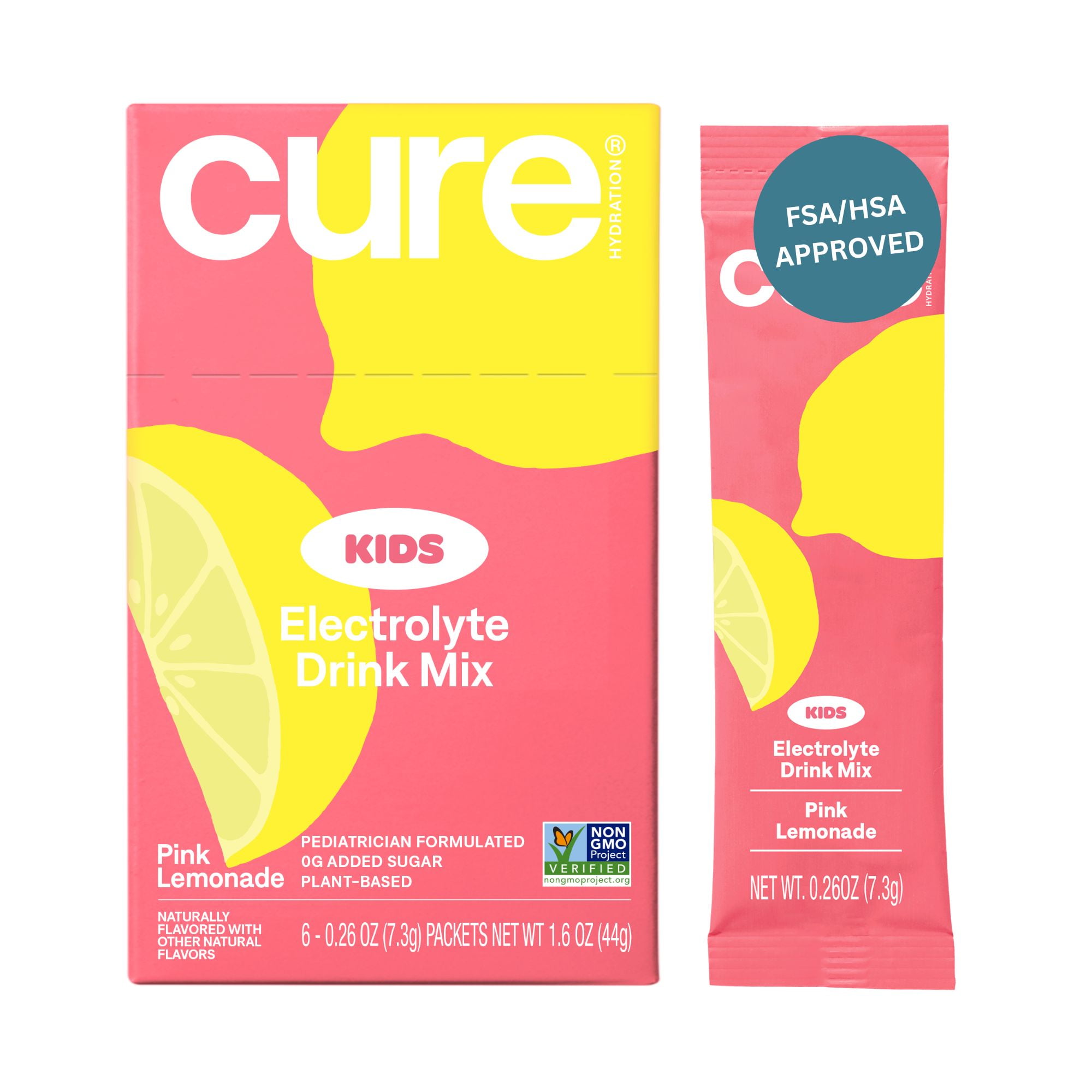 Cure Hydration - Kids Electrolyte Drink Mix | Plant-Based Pediatrician Formulated Rehydration | No Added Sugar, Non-GMO, No Artificial Flavors | Box of 6 Packets - Pink Lemonade