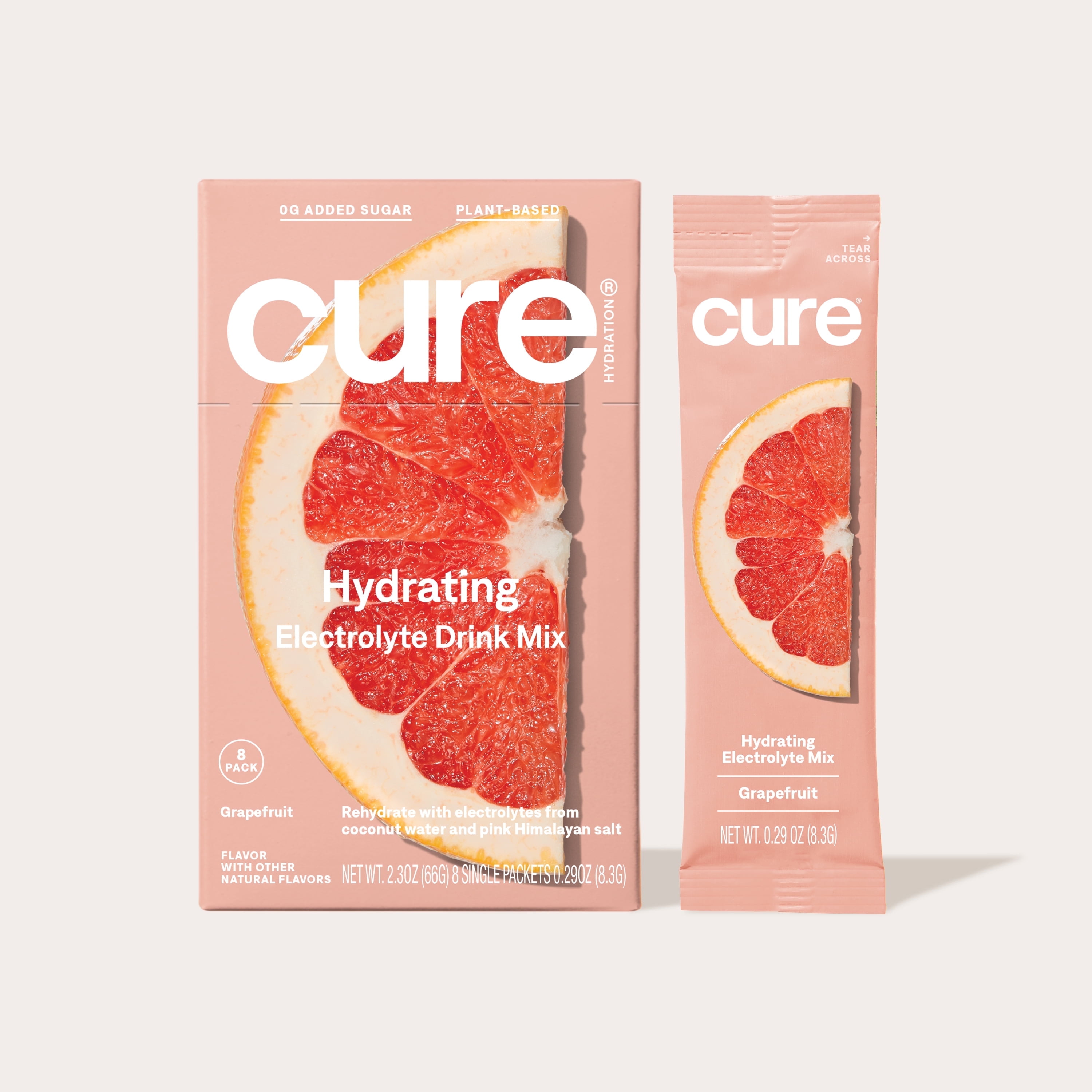 Cure Hydration Plant Based Electrolyte Mix | Powder for Dehydration Relief | Made with Coconut Water | Non-GMO | No Added Sugar | FSA & HSA | Vegan | Box of 8 Packets - Grapefruit